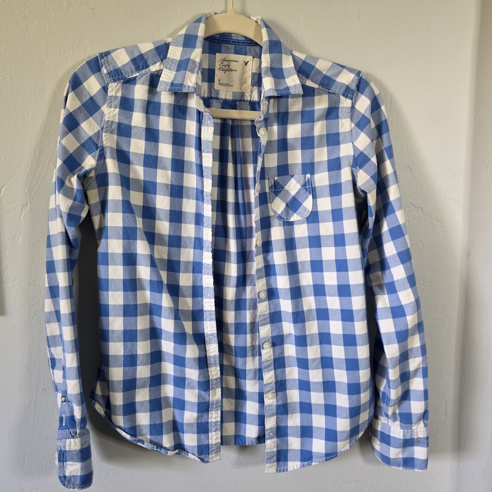 American Eagle Blue & White Plaid Button-Up Shirt β Size 0 β 100% Cotton Womens - Picture 3 of 16